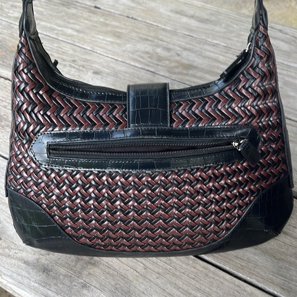 Coldwater Creek Black Brown Woven Hobo Shoulder Bag Faux Croc Trim - Picture 3 of 10